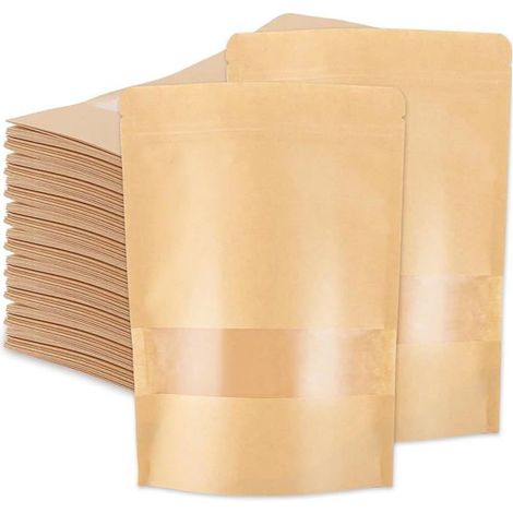 Lot de 100 Sachets Kraft Alimentaires avec fenêtre, 17 x 24 cm, Zip Réutilisables, pour Nourriture, brun (1/4)
