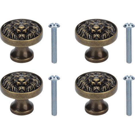 4-teiliges Set Schranktürgriffe aus Zinklegierung mit Löwenkopfmotiv, moderner antiker Cartoon-Stil, massiver Schubladengriff, runde Einlochöse, handbemalt, Bronze 399 (1/5)