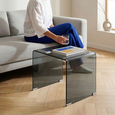 Table d’appoint Varlofrek verre trempé 50 x 50 x 50 cm gris [en.casa] (1/5)