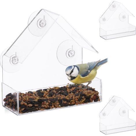 Set of 3 Relaxdays Window Birdhouses, Wild Bird Feeder, 3 Suction Cups, Feeding Station with Roof, Transparent