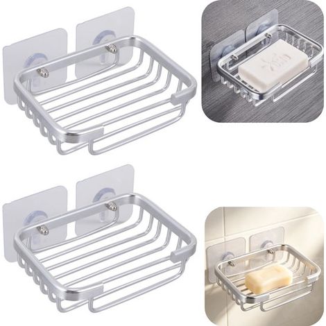 Porte-savons en métal lot de 2 - boîtes murales à évacuation sans perçage pour salle de bain, argent, 13 x 9 cm (1/5)