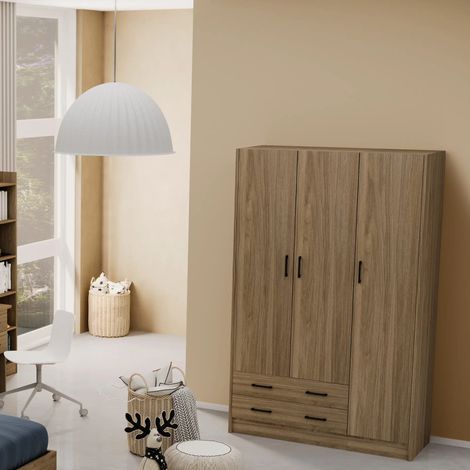 Kleiderschrank 3-türig mit 2 Schubladen in Naturholz 135x52x210