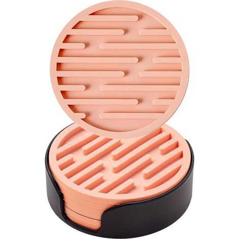 Juego de 6 posavasos de silicona de 10 cm de diámetro (rosa) con soportes, posavasos redondos antideslizantes, adecuados para tazas (1/5)