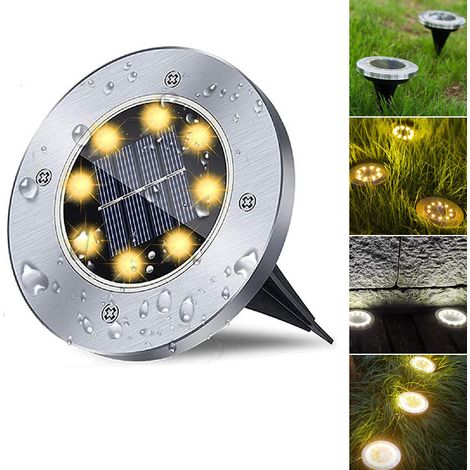 4 solarbetriebene Einbau-LED-Lampen für den Außenbereich – 8 LED-Kaltweiß, wasserdicht IP67, aus Edelstahl, ideal für Rasen, Garten, Hof und Villa