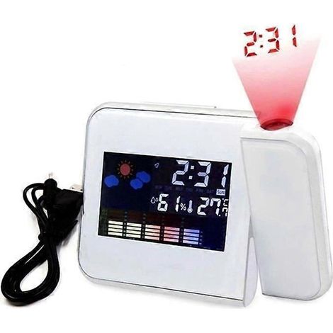 Réveil à projection numérique, station météo avec affichage de la température et de l'humidité, double réveil pour chambre ou extérieur (blanc, sans fil) (1/5)