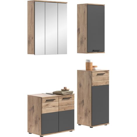 Conjunto de baño: mueble bajo lavabo + 2 medias columnas + armario de almacenamiento con espejos - Gris antracita y roble