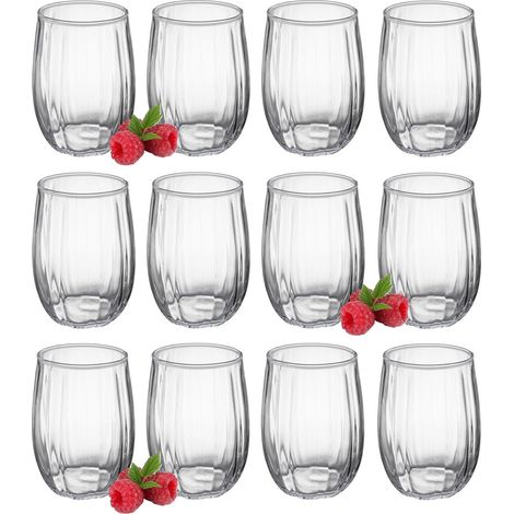 Juego de 12 vasos para bebidas, agua, cócteles, Leyla 370 ml, forma de barril, estriados, patrón 2 (1/5)