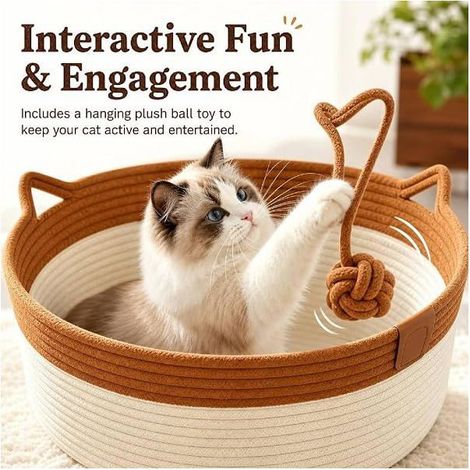 Panier rond pour chat avec griffoir et balle suspendue - Tissé à la main - Marron, taille L (1/3)