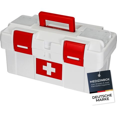 HMF Erste Hilfe Kasten zur Medikamenten Aufbewahrung, Medizinbox leer für Sportverein, Betrieb oder Zuhause, 37 x 20 x 18,5 cm, Weiß-Rot