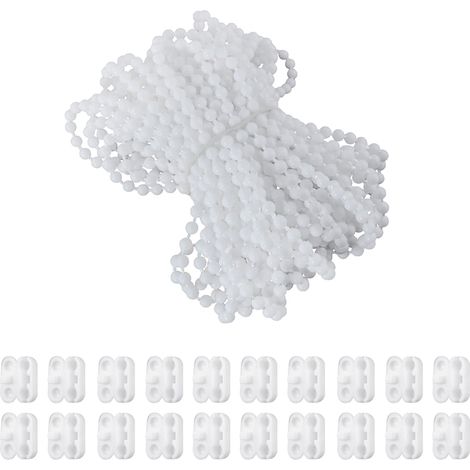 Chaînette de store enrouleur en plastique blanc de 10 m pour store romain vertical, avec 20 maillons à billes.