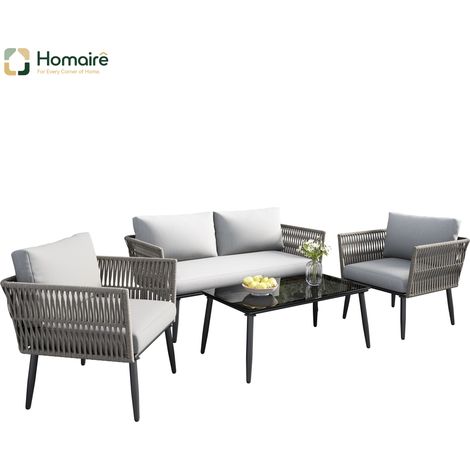 HOMAIRE Gartenlounge-Set mit bequemen Kissen : 2-Sitzer-Sofa, 2 Sessel und Couchtisch, Geflochtenes PE-Seil aus Wassergrasimitat, schwarze Glastischplatte, verzinkter Stahl, grau