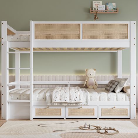 Etagenbett Kinderbett Weiß/Natur 90x200 cm aus Massivholz und MDF, mit 3 Schubladen, Leiter und Sicherheitsgittern (1/5)