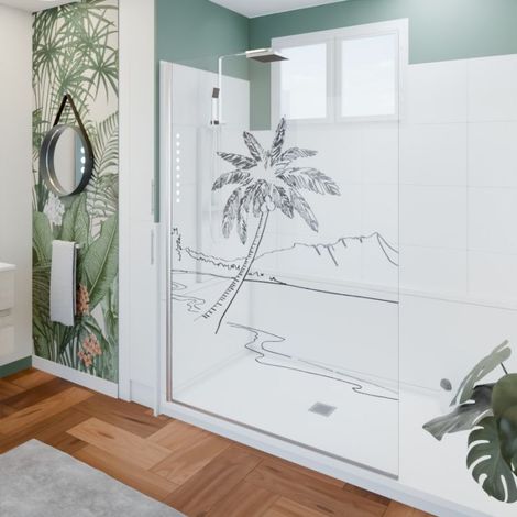 Cuisibane – Paroi de douche fixe en verre trempé 8mm – Largeur 140 cm – Hauteur 200 cm – Traitement anticalcaire – Design sérigraphié plage et palmier (1/4)