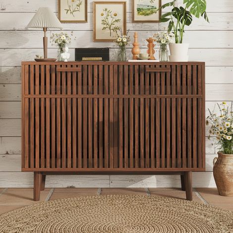 Buffet Bas en Bois Massif 100x35x80 cm, Avec Tiroirs et Portes, Design Pratique, Finition Noyer Naturel, Idéal pour Salon et Salle à Manger (1/5)