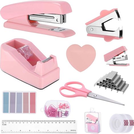Ensemble de fournitures de bureau rose, agrafeuse et distributeur de ruban adhésif avec ôte-agrafes, ciseaux, clips, ruban adhésif, onglets, règle, accessoires de bureau pour étudiants (1/5)