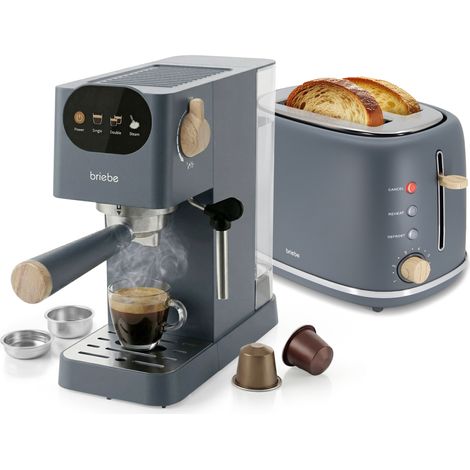 Briebe SKT1221GRY Nordic Set Cafetera 20 Bares Cápsulas, Café Molido Espumador Leche Tostadora 2 Rebanadas Anchas 1350W Gris