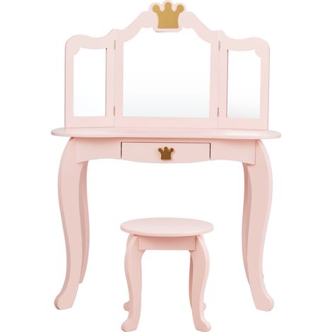 Tocador infantil 80 x 42 x 105 cm con espejo de tres paneles y cajón en MDF rosa 200020997