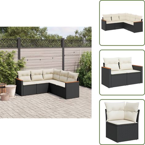 The Living Store Salon de jardin 5 pcs avec coussins noir résine tressée - Salon De Jardin - Mobilier De Jardin - Salon Extérieur - Set De Canapés - Résine Tressée (1/5)