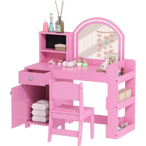 Set Toeletta Trucco per Bambini 2 in 1 con Specchio, Sedia, Luce LED, Armadietto, Scaffali e Libreria, Rosa