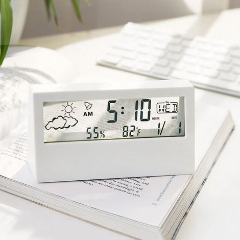 Digitaler elektronischer LCD-Wecker mit Thermometer und Hygrometer – Transparentes weißes ABS-Gehäuse – 130 g – Minimalistisches Design – Klares Display – Mehrere Alarme – Stoppuhr