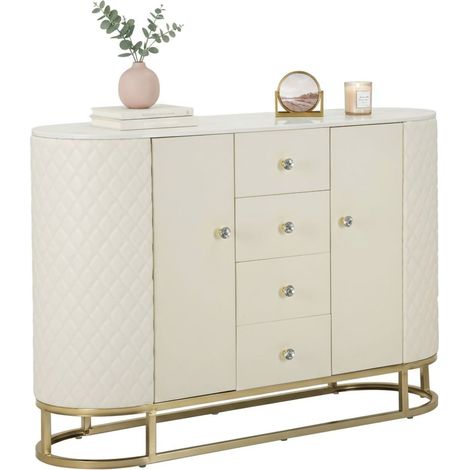 Dmora - Kommode Pajeu, Wohnzimmerbuffet, Wohnzimmer-Sideboard, Moderne Küchen-Speisekammer, 120x40 h85 cm, Weiß und Gold