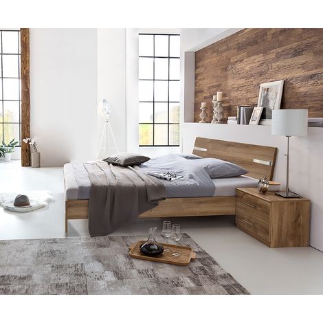 Pegane – Lit adulte double 180 x 200 cm avec 2 chevets – Panneaux de particules imitation chêne et chrome – Dimensions 189 x 210 x 81 cm