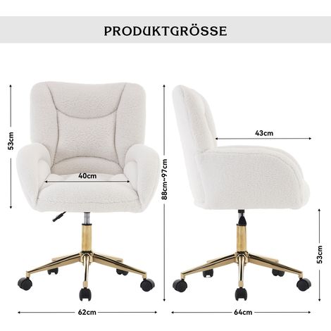 Fauteuil de bureau pivotant réglable en hauteur KD Teddy, tissu blanc, piètement doré, parfait pour l'espace télétravail. (1/5)