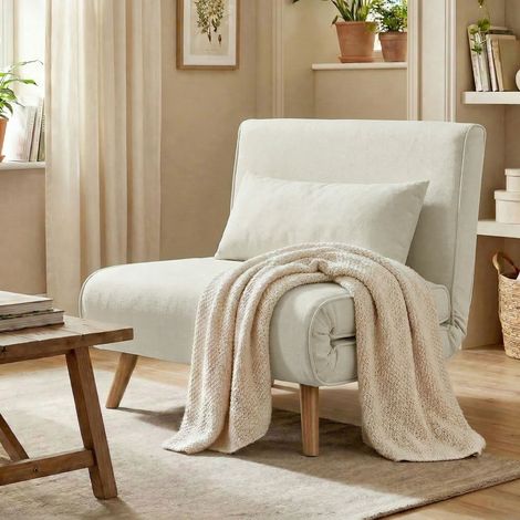 Poltrona/letto convertibile 3 in 1, poltrona/letto singola con schienale regolabile in 5 posizioni, rivestimento in tessuto con cuscino, color crema.