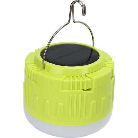 Lampe solaire LED de camping rechargeable avec crochet, jaune, pour tente ou extérieur. (1/5)