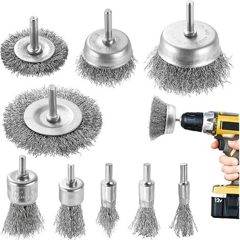 9-teiliges Drahtbürste Bohrmaschine Set, Messingbeschichteter Stahlbürste Akkuschrauber und Messingbürste Bohrmaschine mit 1/4-Zoll-topfbürsten-Kit zum Entfernen von Rost/Korrosion/Farbe (1/5)