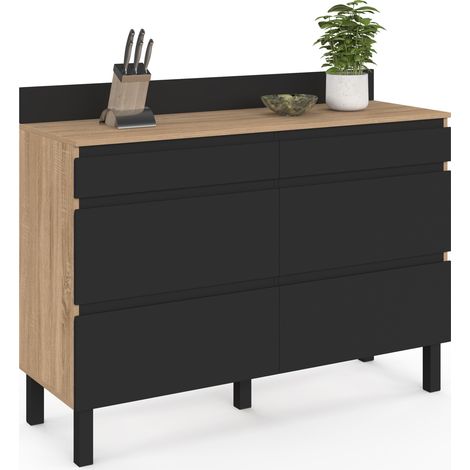Doppelter Küchenschrank mit Topfablage, 120 cm, Modell CLAUDE, Arbeitsplatte, Höhe 83 cm, 6 Schubladen in Holz und Schwarz