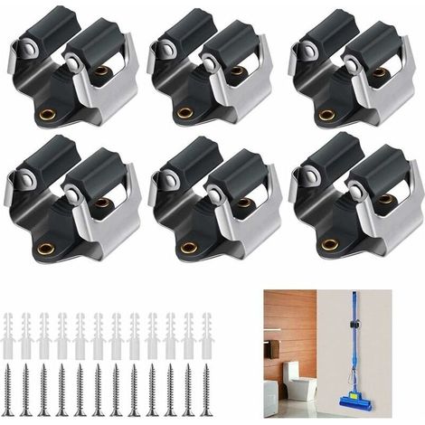 Set of 6 Wall Mounted Broom Holder, Wall Mounted Mop and Broom Holder for Garden Tool Storage (Black) (1/5)