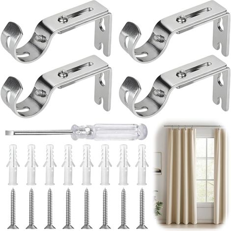 5 Pièces Support Tringle à Rideaux Set, Crochet Rideau, Accroche Rideau, 2,5 cm × 2,5 mm, 1 Tournevis, Convient pour la Maison, la Chambre à Coucher, le Bureau et les Poteaux Muraux (Argent). (1/5)
