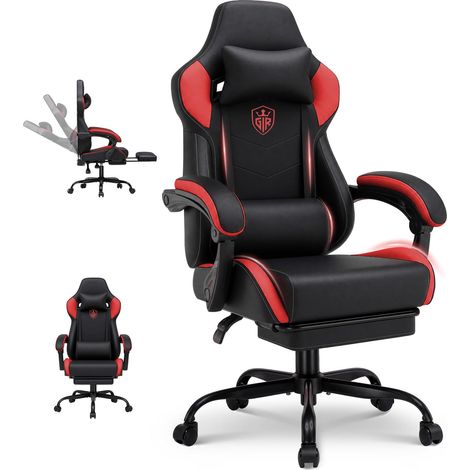 Chaise Gaming Ergonomique avec Repose-Pieds, Accoudoirs Liés, Hauteur Réglable, Dossier Haut, Assise Large, 150kg - Rouge (1/5)