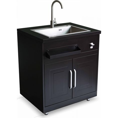 Oviala – Meuble évier extérieur en acier inoxydable – Longueur 66 cm – Hauteur 96 cm – Bac pratique pour produits ménagers et éponge