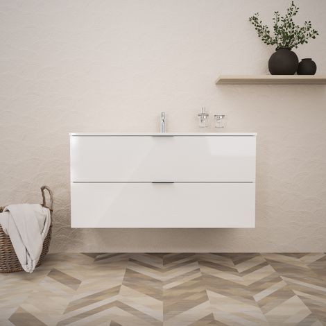 Inda - Badezimmerschrank B.120 mit glänzendem Waschbecken / Weiß glänzend 2 Schubladen - Topazio