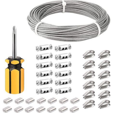 Stainless Steel Cable 3mm, 50M/3mm Stainless Steel Rope, Coated Steel Cable with Cable Ties, M3 Sleeves, Stainless Steel Lugs, 3mm Wire Cable for Clothesline, Railing Cable (1/5)