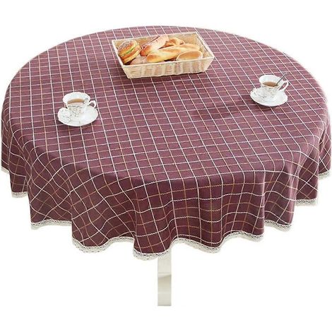 Dicke, runde Tischdecke aus Baumwolle und Leinen, mit Karo- und Spitzenmuster, ideal für Küche und Esszimmer.