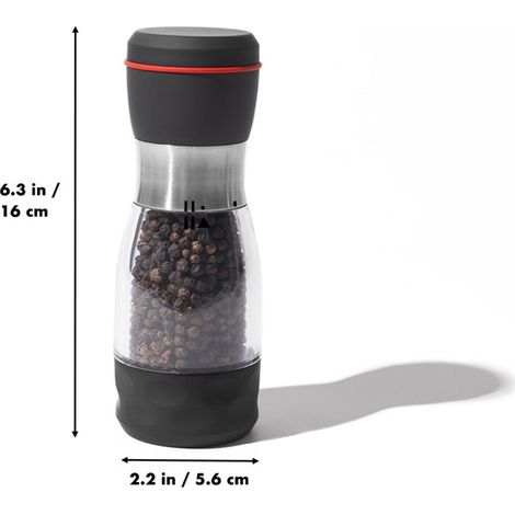 Disponible en une seule couleur : noir. Matériaux : ABS et acier inoxydable. Moulin à poivre en plastique transparent pour une utilisation domestique. (1/5)