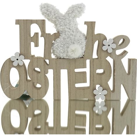 Kaemingk Schriftzug Frohe Ostern mit Plüschhasen Wollweiß - Holz