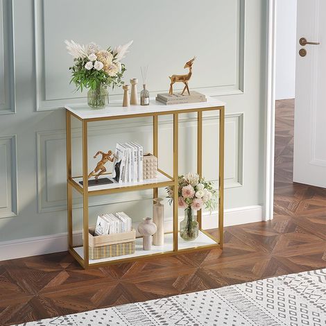 Table Console étroite avec étagères de Rangement de 30,5 cm, Table de Couloir Moderne pour Salon, 80 x 30 x 80 cm, Blanc et doré (1/5)