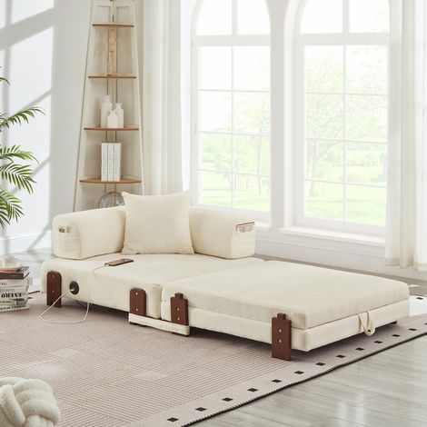 Divano letto pieghevole 1 posto con porte USB/Type-C e vano contenitore, beige DESVIAE (1/5)