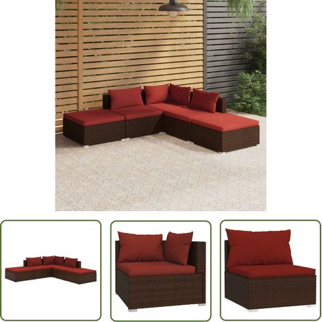 The Living Store 5-tlg. Garten-Lounge-Set mit Kissen Poly Rattan Braun - Gartensortiment - Lounge Set - Gartenmöbel - Outdoor Möbel - Rattan Möbel (1/5)