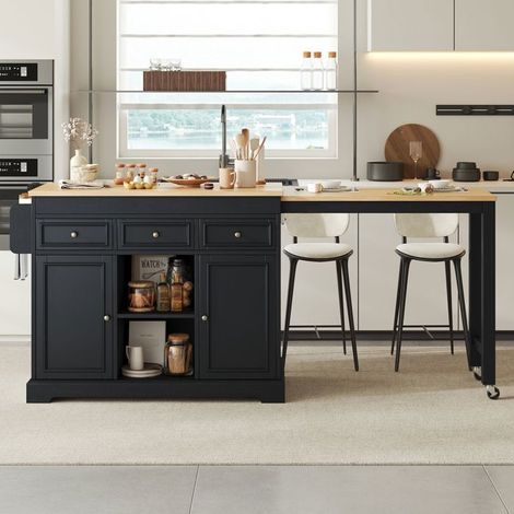 Îlot de Cuisine à roulettes plateau repas extensible rangement à épices tiroirs de rangement structure mobile coloris noir (1/5)