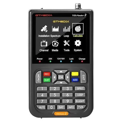 Télémètre satellite V8 Finder 2 compatible DVB-S/S2/S2X, H.264, batterie Li-ion 7,4 V/4000 mAh, écran LCD 3,5", charge rapide.