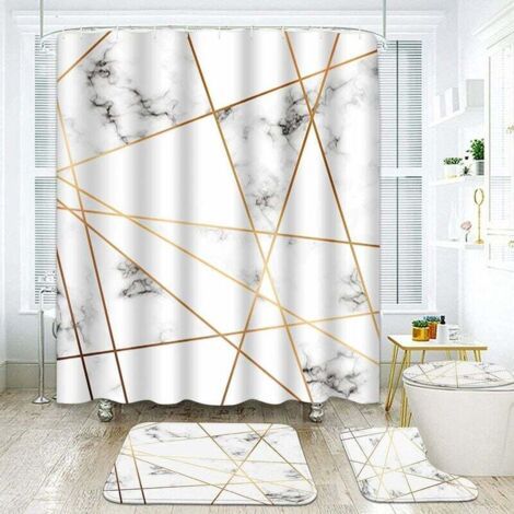 Set of 4 shower curtains in turquoise marble look in gold, black, geometric, pink, stone, abstract, modern and vintage, including non-slip mats, toilet lid and bath mat.