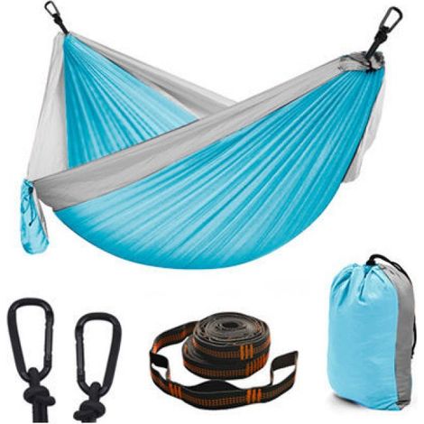 Hamac d'extérieur portable en nylon pour 2 personnes avec sangles d'arbre et mousquetons en alliage d'aluminium (270 x 140 cm). (1/5)