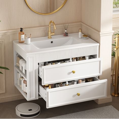 Mobiletto sospeso da bagno 81x47x52 cm con lavabo in ceramica, 2 cassetti, in MDF bianco lucido (1/5)