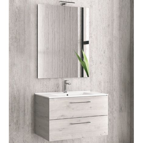 Mobile bagno sospeso 75cm con 2 porte e specchio filo lucido ''New Bitola'' colore Ice Oak
