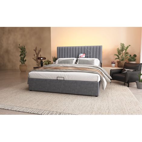 Lit capitonné avec rangement, lit double LED piloté par application, lit avec fonction de charge USB Type-C, rangement et tête de lit réglable, 160x200 cm, sommier en bois, gris (avec matelas) (1/5)
